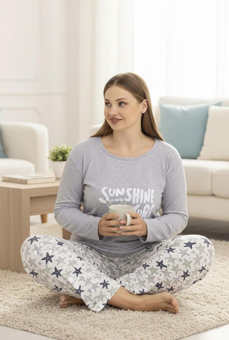 Falio women's grey long-sleeve cotton pajama set with starfish print pants and