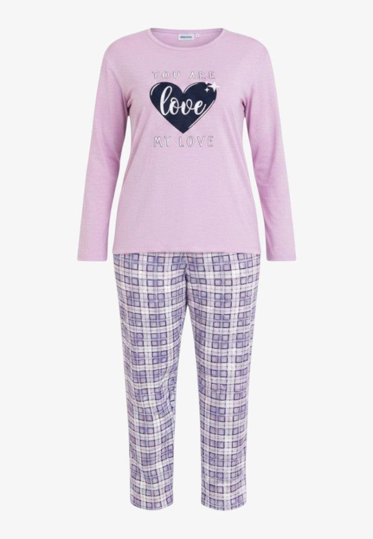 Falio women's plus size lilac long-sleeve pajama set with a heart graphic and plaid pants.