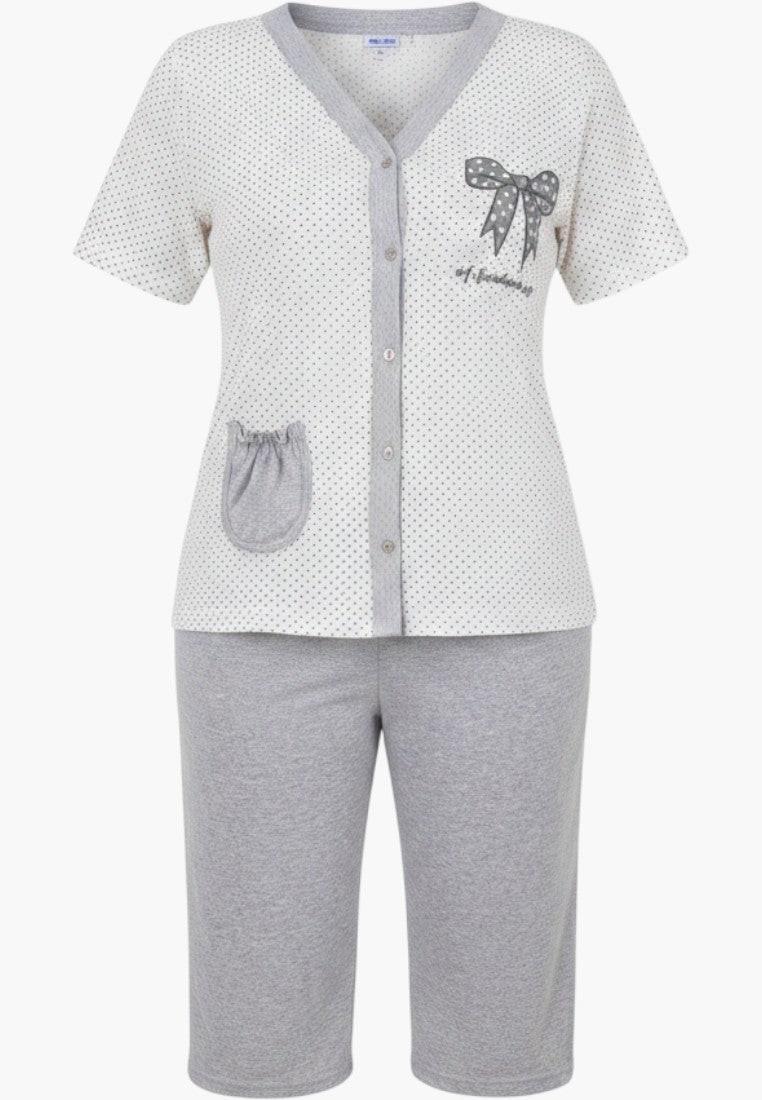 Falio women's white polka dot pajama set with grey trim, short sleeves, V-neck, button-up top, and 3/4 length grey pants.