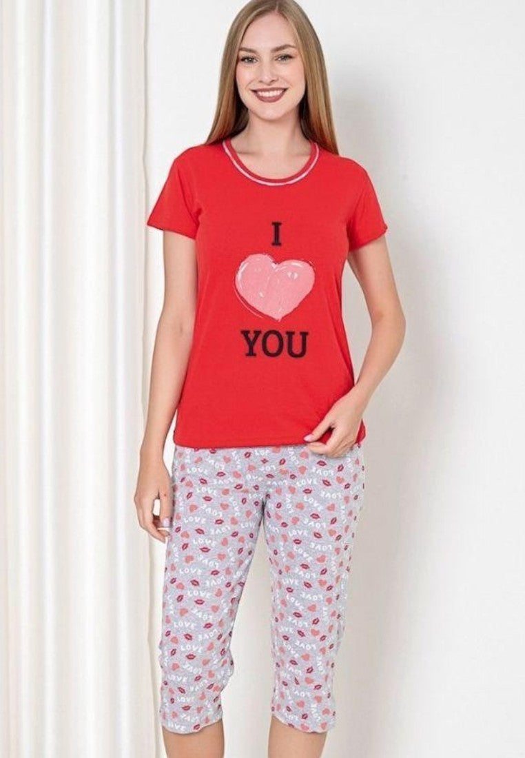 Falio women's red cotton t-shirt with "I Love You" heart graphic and grey capri pants with heart and kiss print.