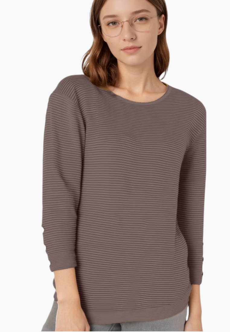 Falio women's long-sleeve ribbed sweater in a soft taupe-grey shade with a classic round neckline.