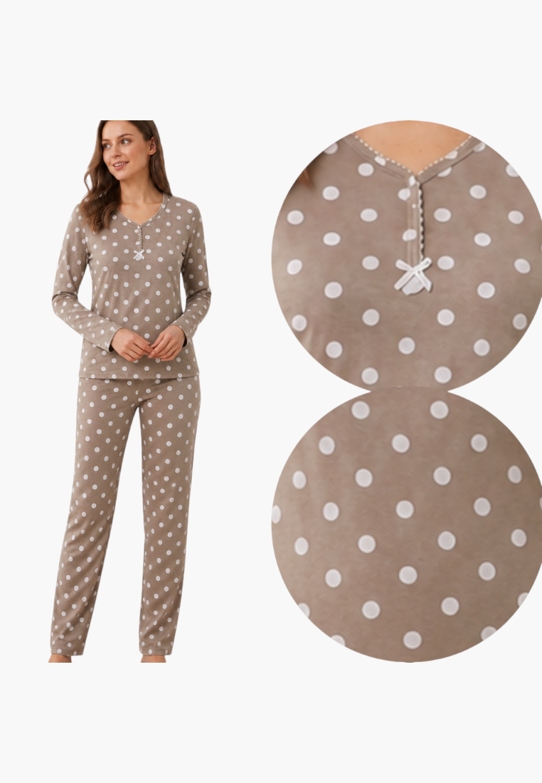 Falio women's warm cotton pajama set in beige with white polka dots, featuring long sleeves and a round neckline.