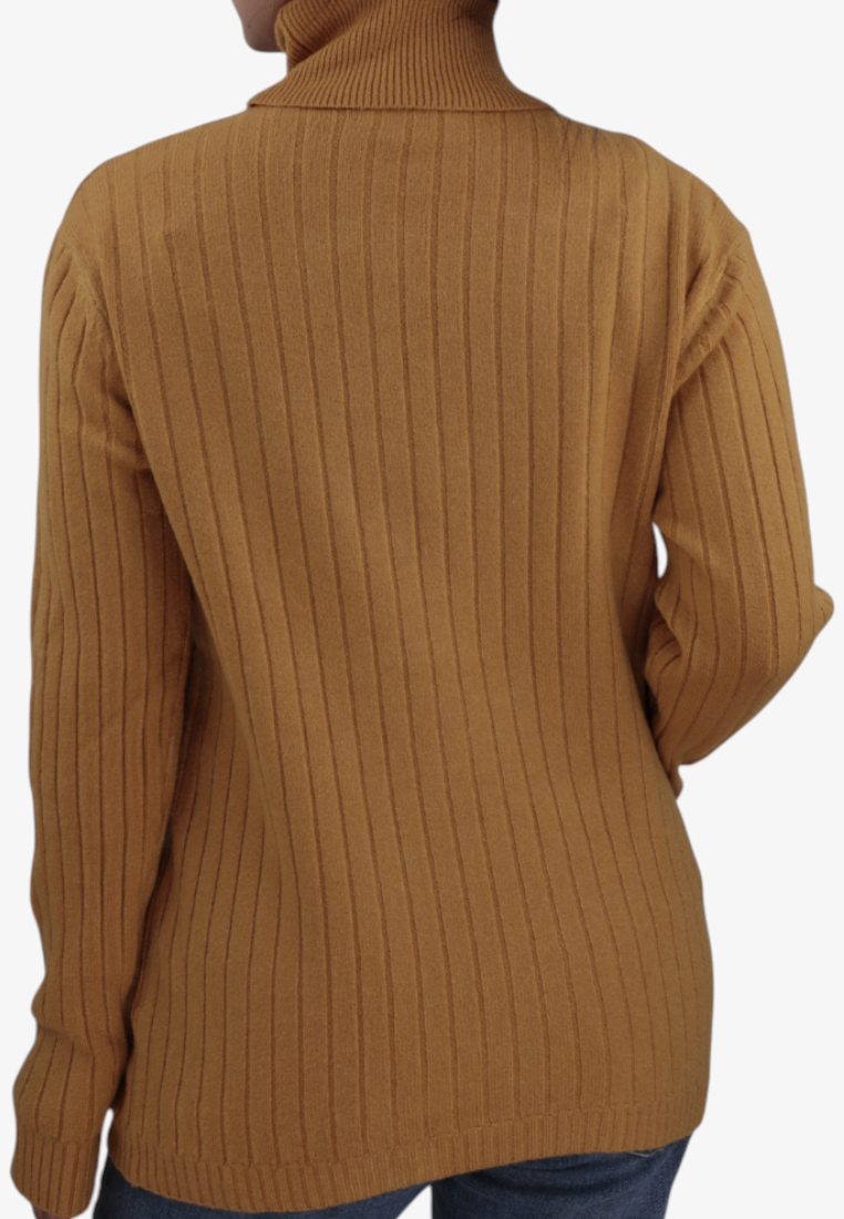 Falio yellow ribbed knit sweater with a mock neck, long sleeves, and a soft wool-cashmere blend, back view.