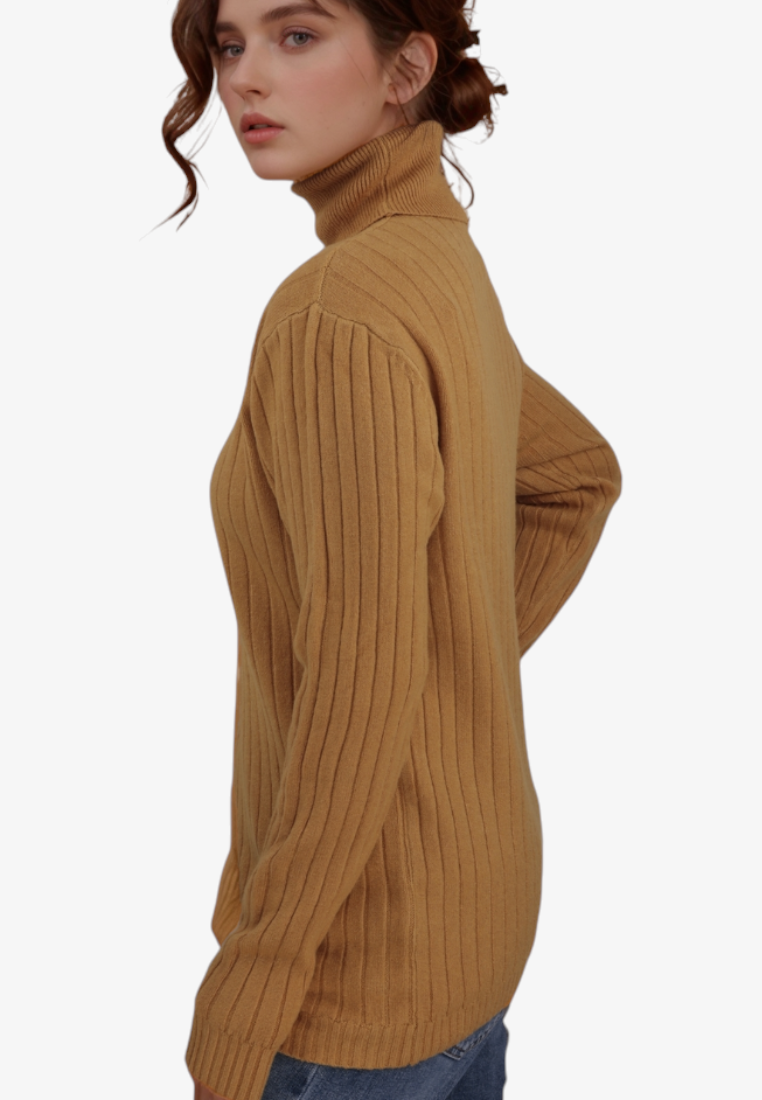 Falio women's yellow ribbed turtleneck sweater made of wool and cashmere blend worn by a model in profile view