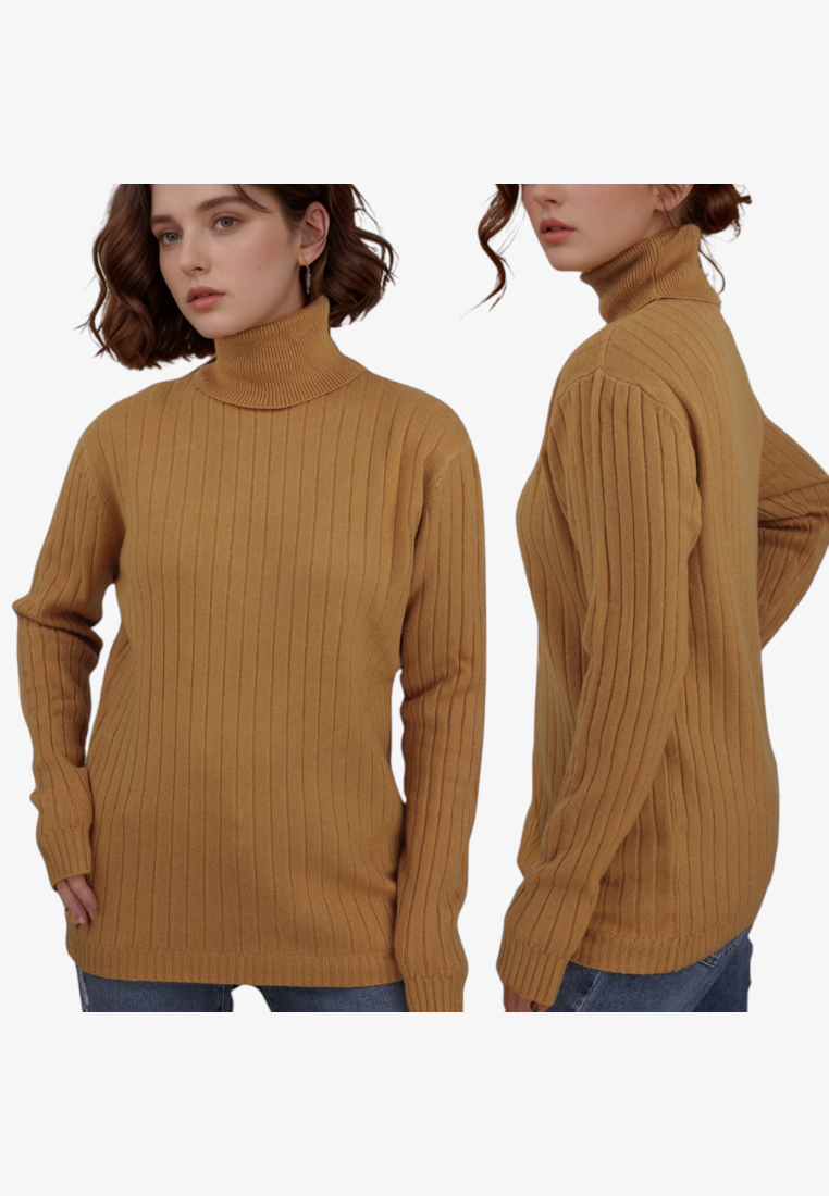 Falio yellow ribbed turtleneck sweater made of wool and cashmere blend worn by a model in front and side views