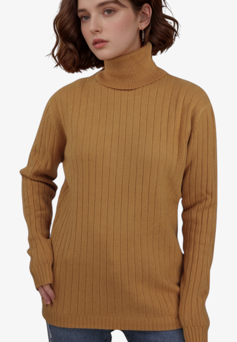 Falio women's yellow ribbed turtleneck sweater made from a soft wool and cashmere blend worn by a model