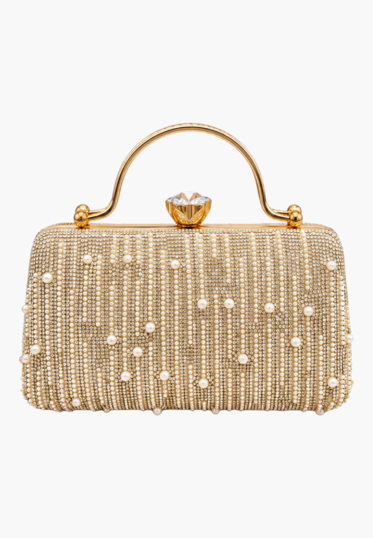 Front view of the wielokolorowa kopertówka wizytowa with beaded design and gold hardware.