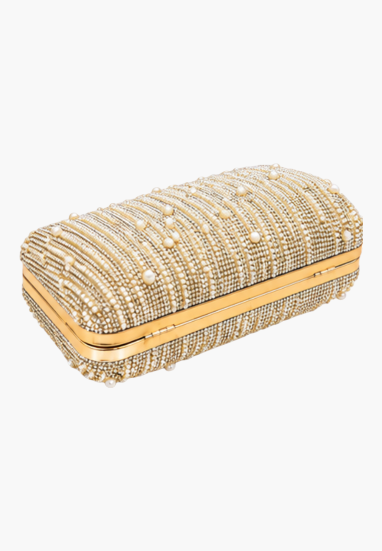 Other angle of the wielokolorowa kopertówka wizytowa highlighting its gold hardware and beaded features.