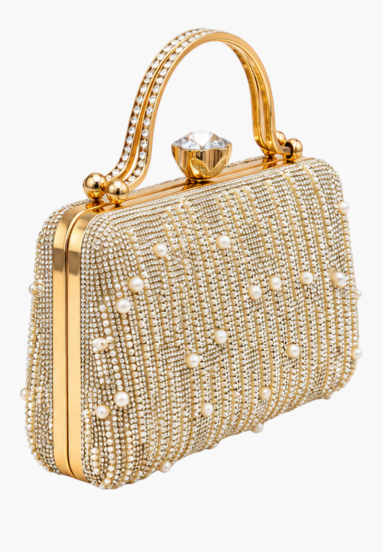 Side view of the wielokolorowa kopertówka wizytowa showcasing its beaded design and pearl accents.