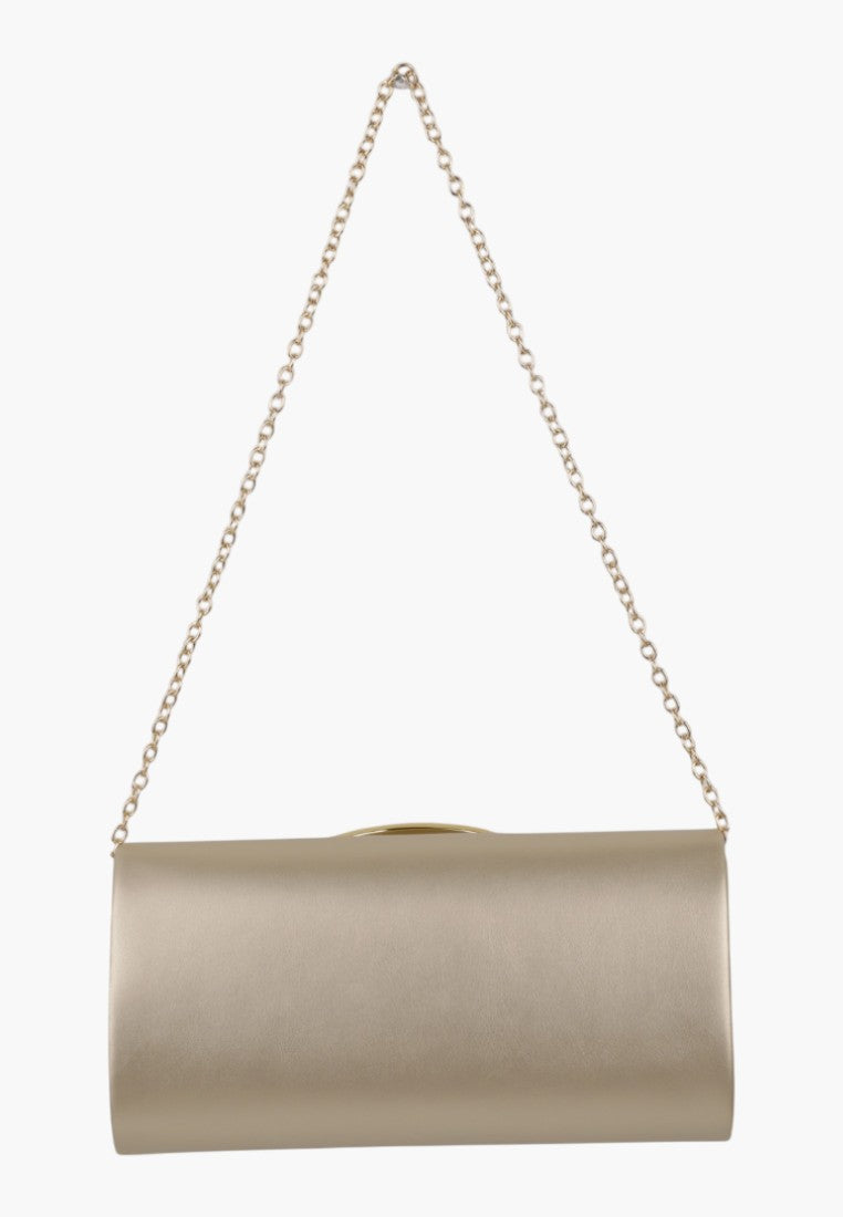 Back view of the gold hardware clutch with a chain strap and smooth finish in beige.