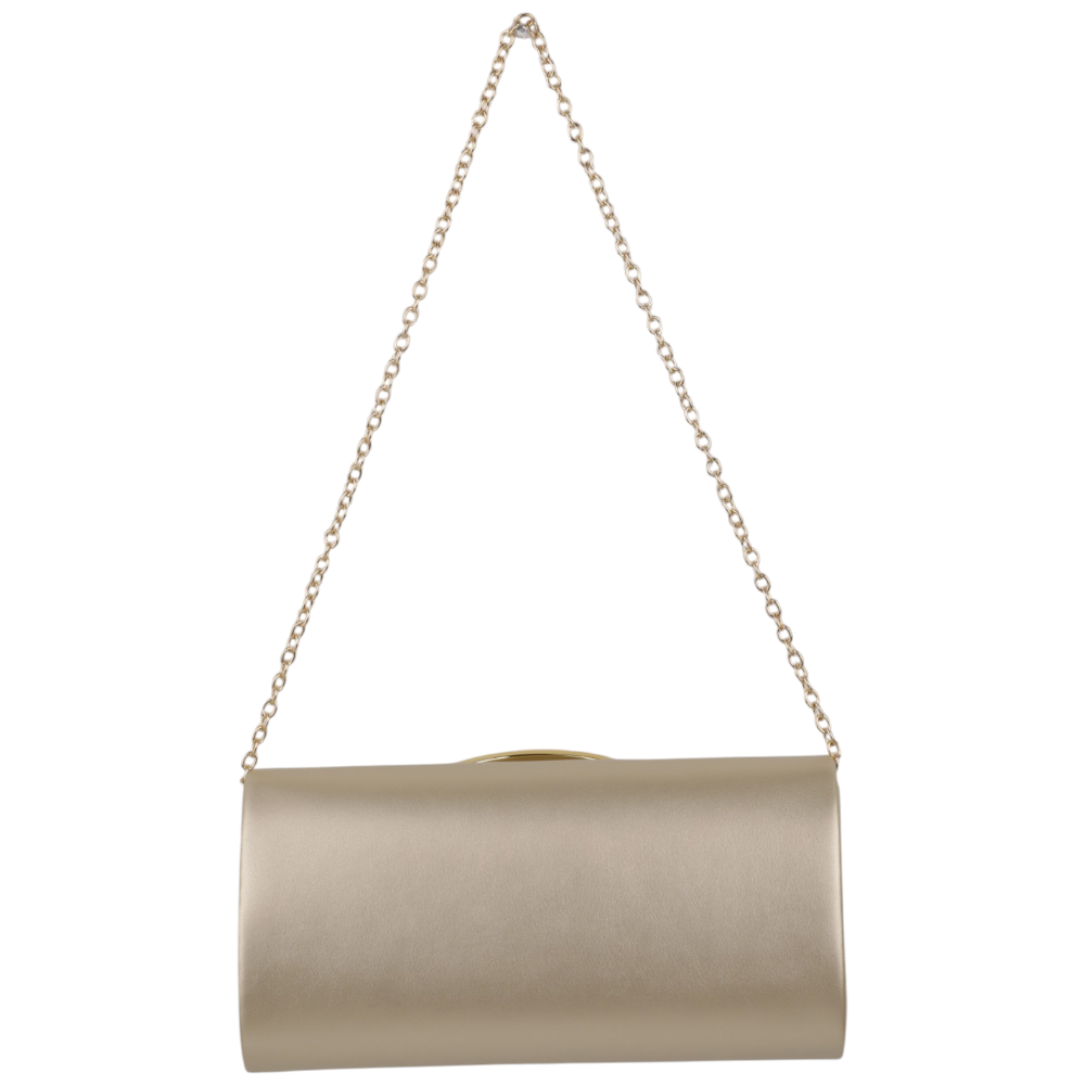 Back view of the gold hardware clutch with a chain strap and smooth finish in beige.