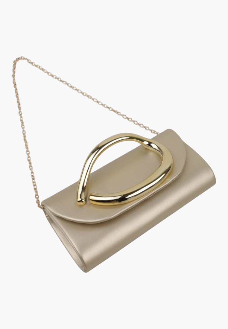 Back view of the gold hardware clutch showcasing a smooth finish without visible hardware in beige.