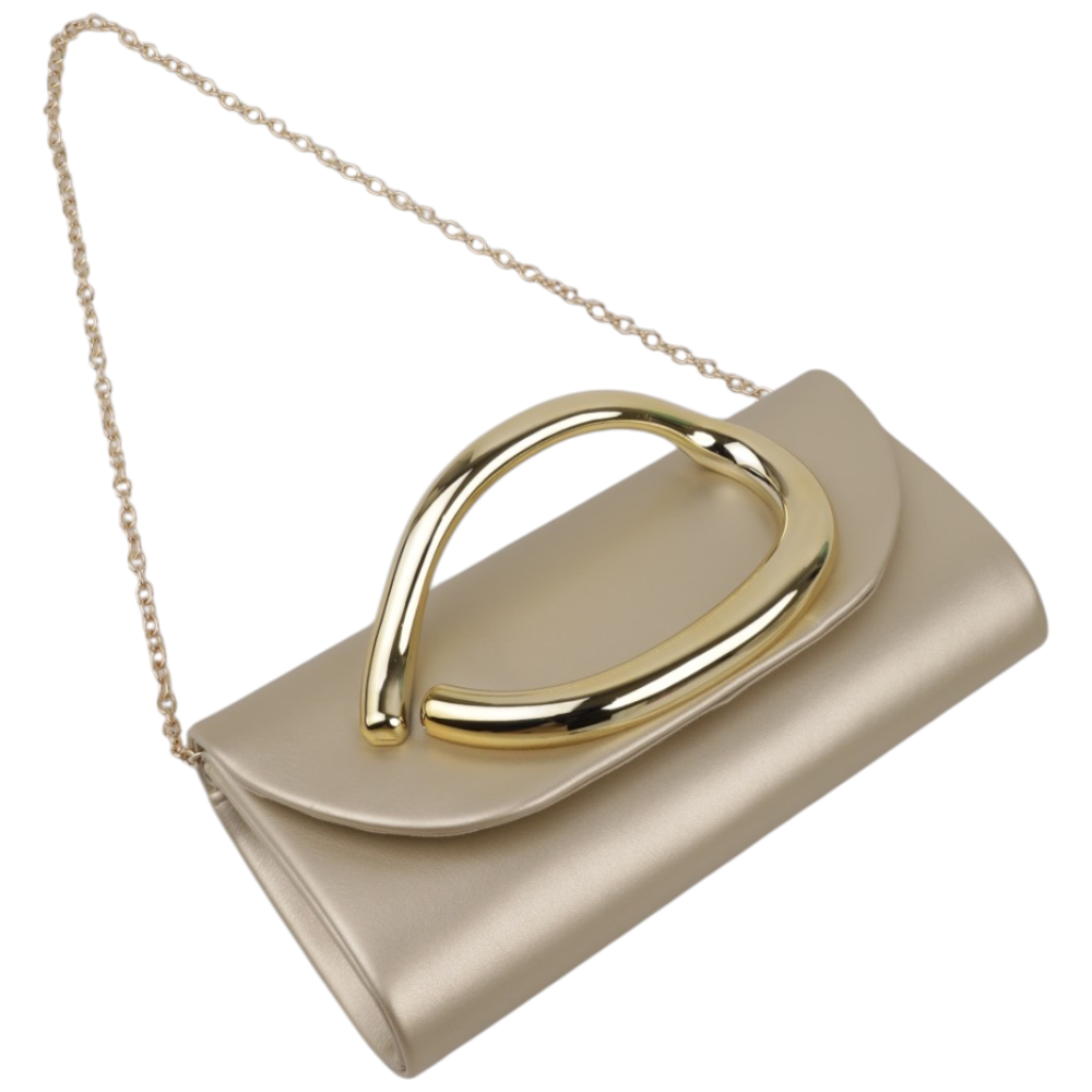 Back view of the gold hardware clutch showcasing a smooth finish without visible hardware in beige.
