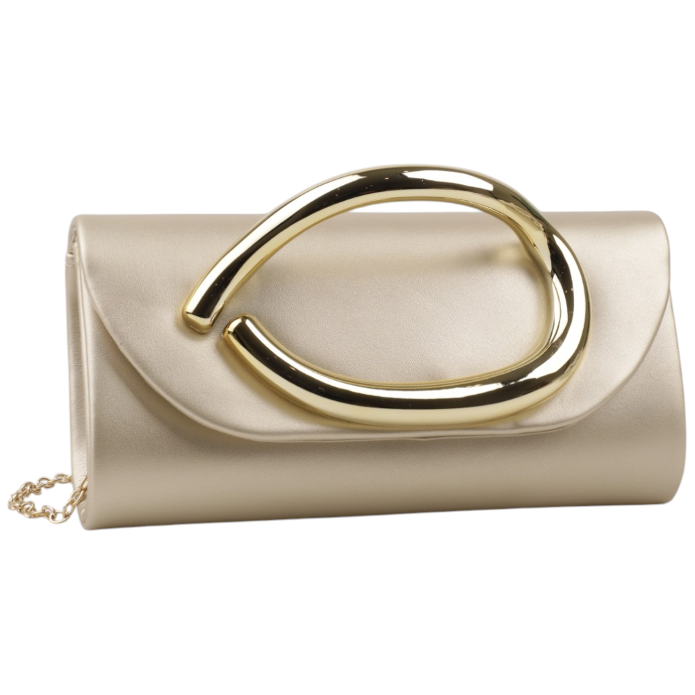 Detail of the gold hardware clutch with curved handle and smooth texture in beige and gold.