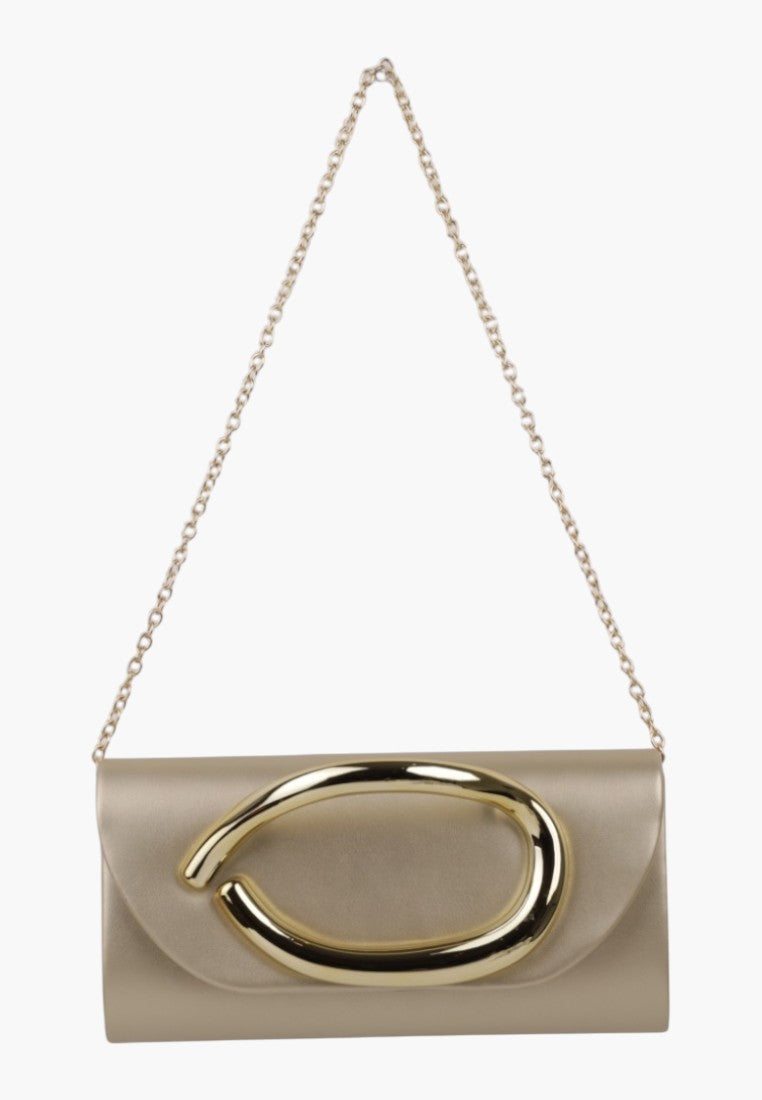 Side view of the gold hardware clutch featuring a chain strap in beige and gold.