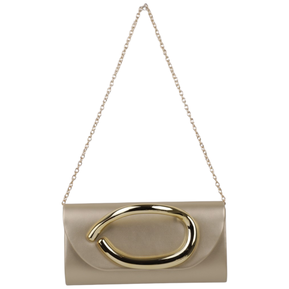 Side view of the gold hardware clutch featuring a chain strap in beige and gold.