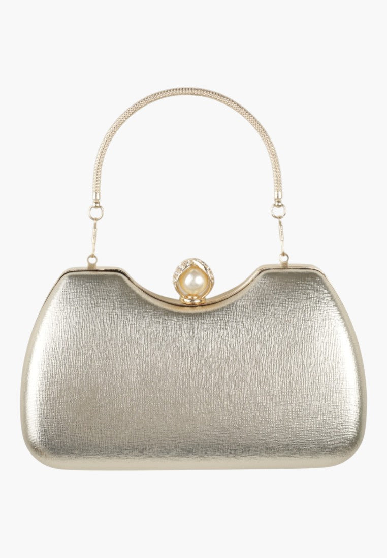 Front view of a silver handbag with gold hardware on a white background.
