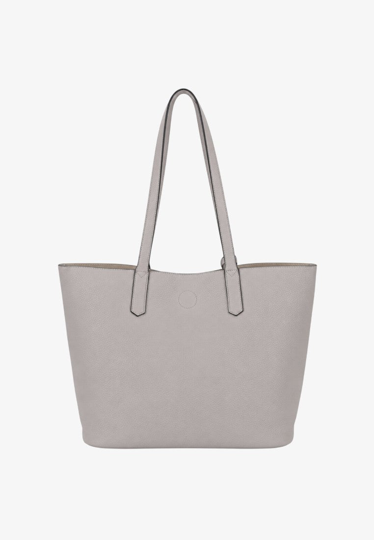 Back view of a gray tote bag featuring a smooth texture and long handles on a white background.