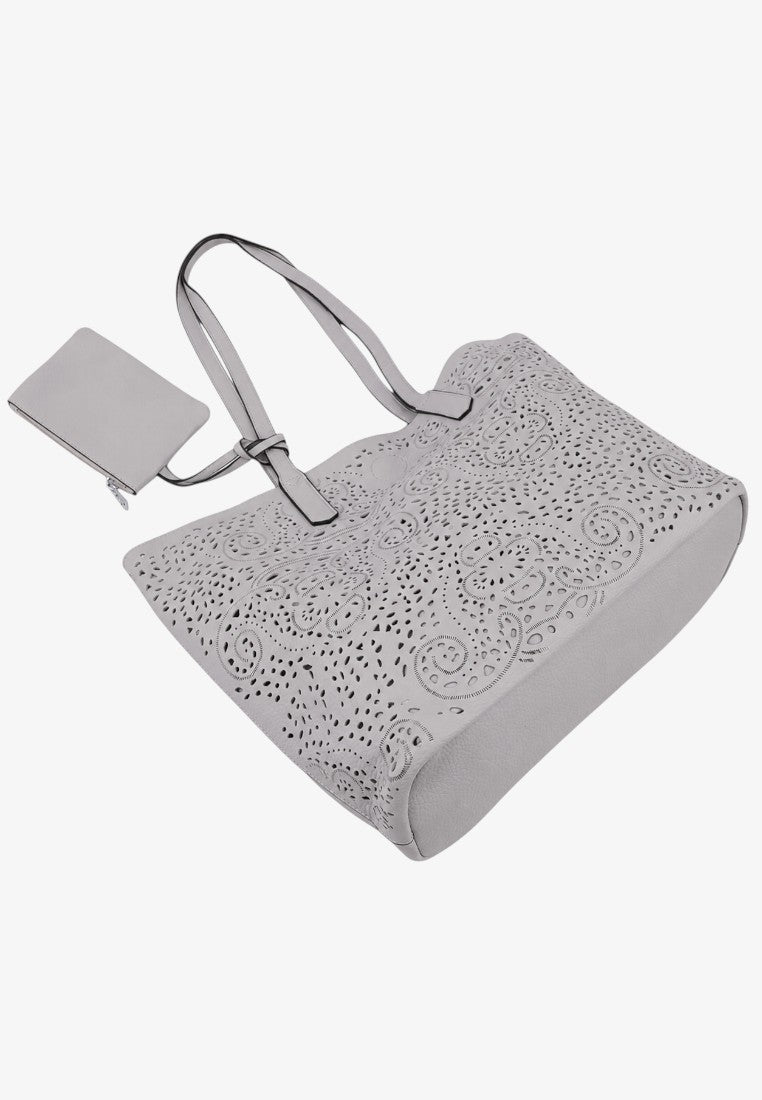 Detail close-up of a gray tote bag showing its patterned design and flat base on a white background.