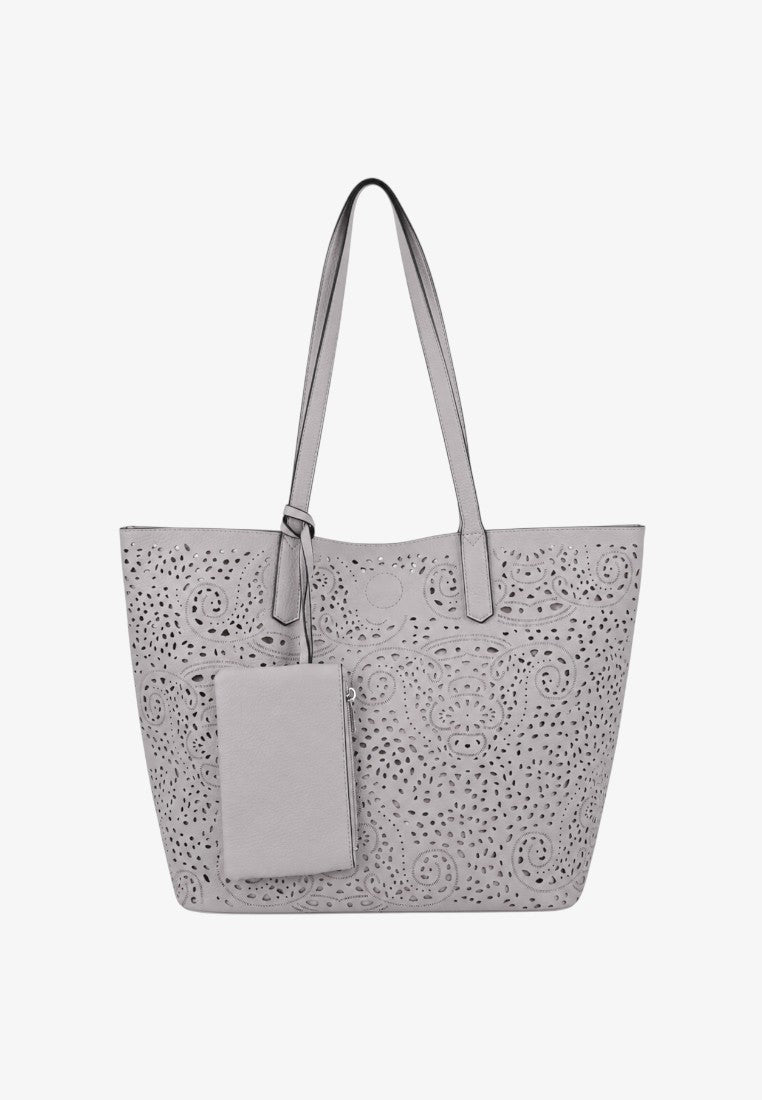 Front view of a gray tote bag with a patterned design and long handles against a white background.