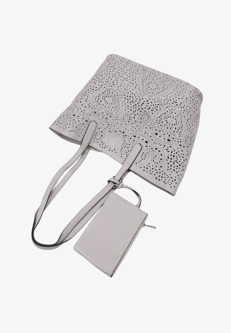 Side view of a gray tote bag with a simple design and long handles set against a white background.