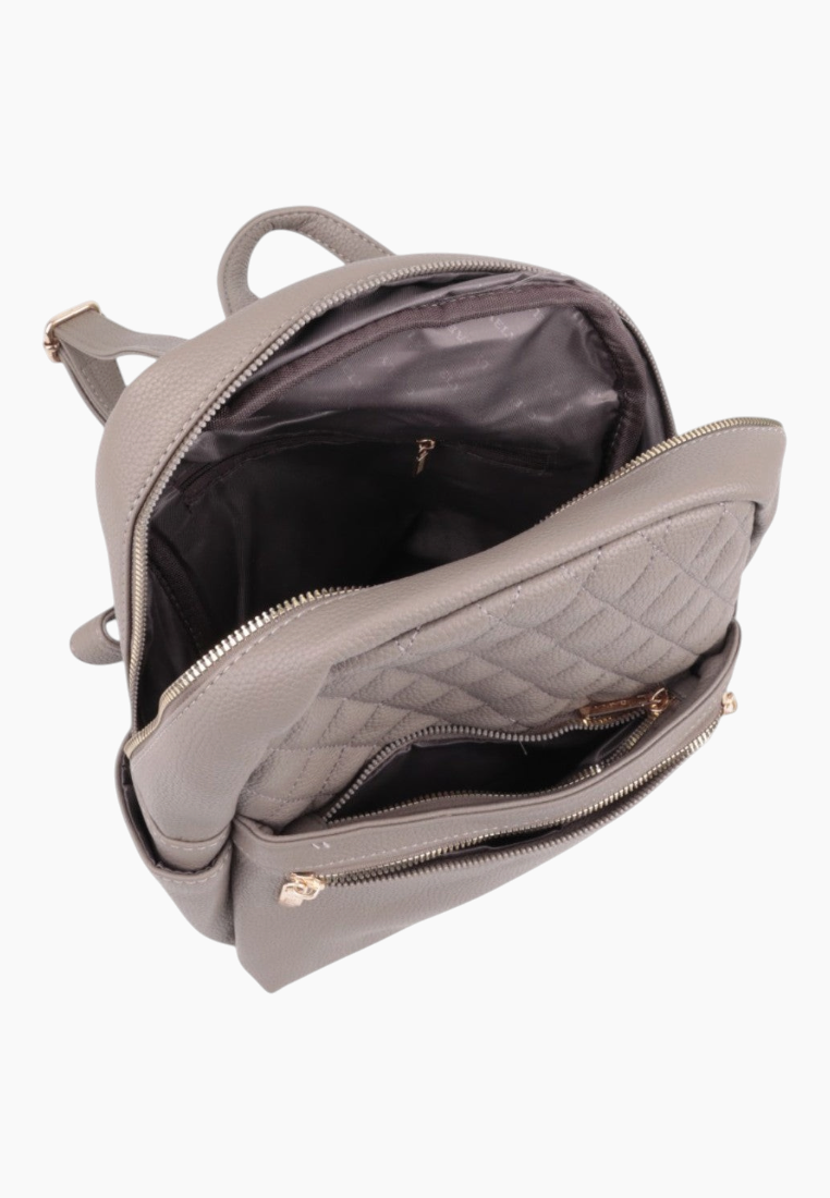 Detail of the gray backpack interior with multiple compartments and a zippered pocket.