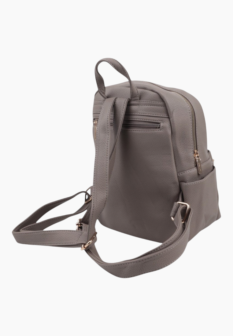 Side view of the quilted gray backpack highlighting adjustable straps.
