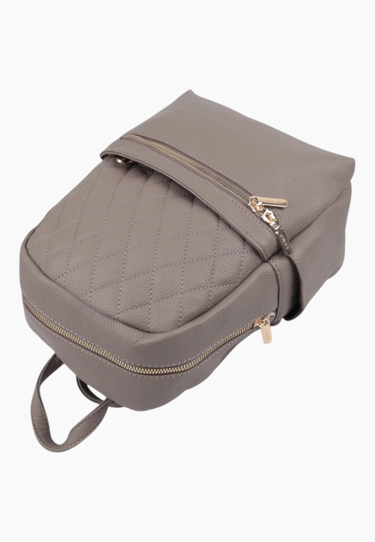 Side view of the gray backpack with zipper closure and gold hardware.