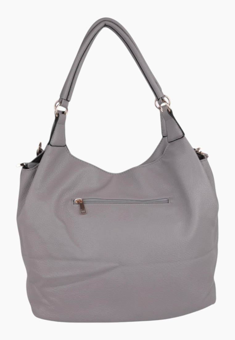 Back view of the szara torebka shopper z długim paskiem i kieszenią na zamek.