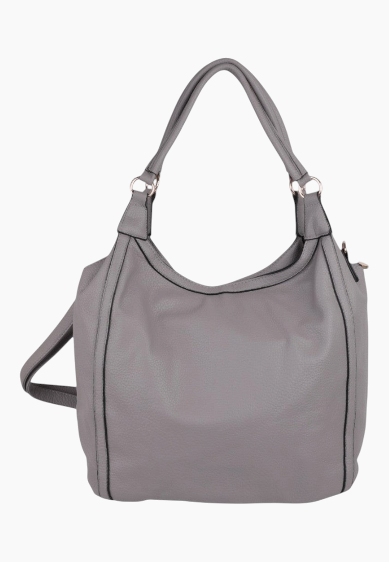 Front view of the szara torebka shopper z długim paskiem i zamkiem na białym tle.