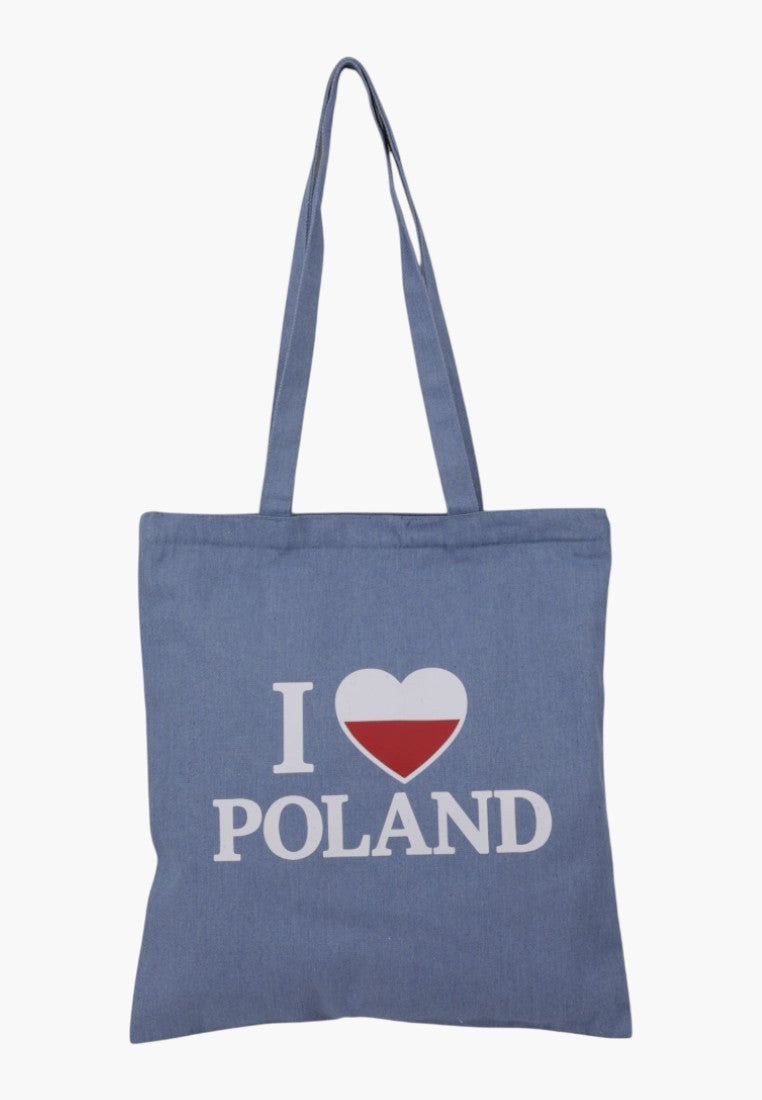 Torebka shopper w jeansowym wydaniu, widok z przodu, niebieska, z napisem I love Poland.