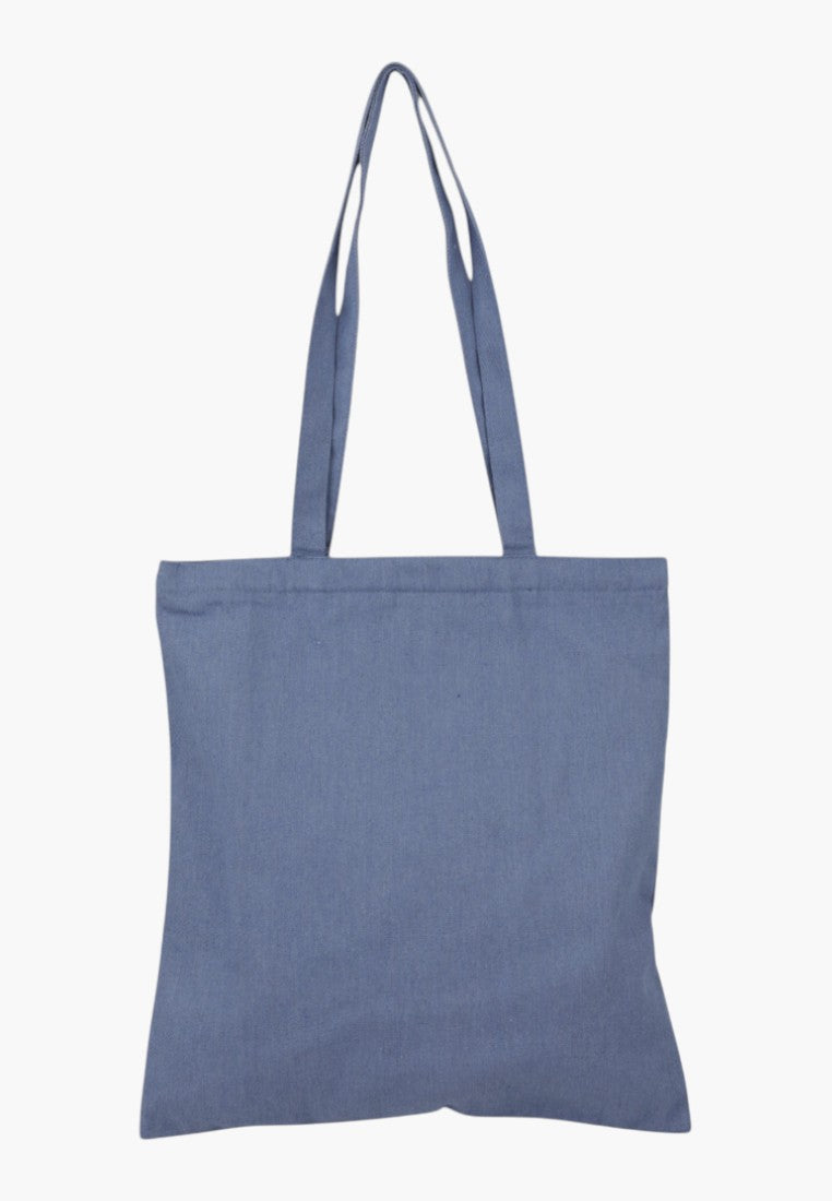 Torebka shopper w jeansowym wydaniu, widok z tyłu, niebieska, gładka.