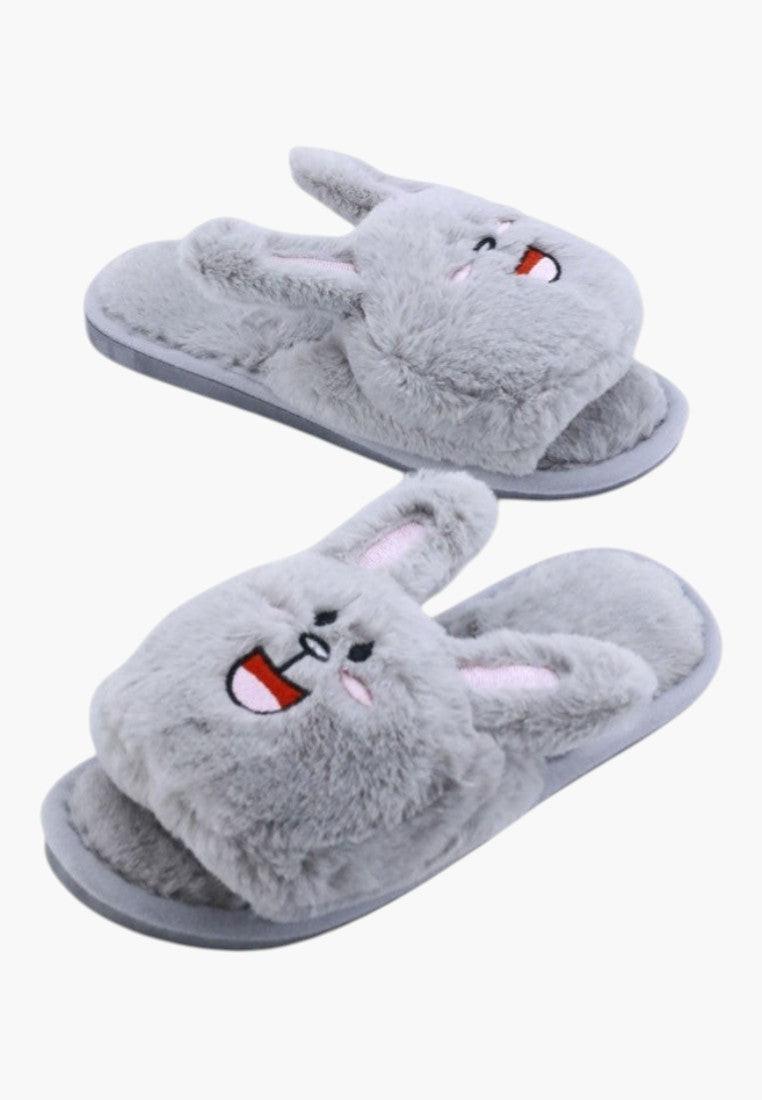 Front view of gray rabbit design slippers on a white background
