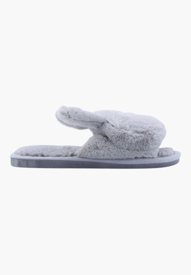 Front view of gray rabbit design slippers on a white background