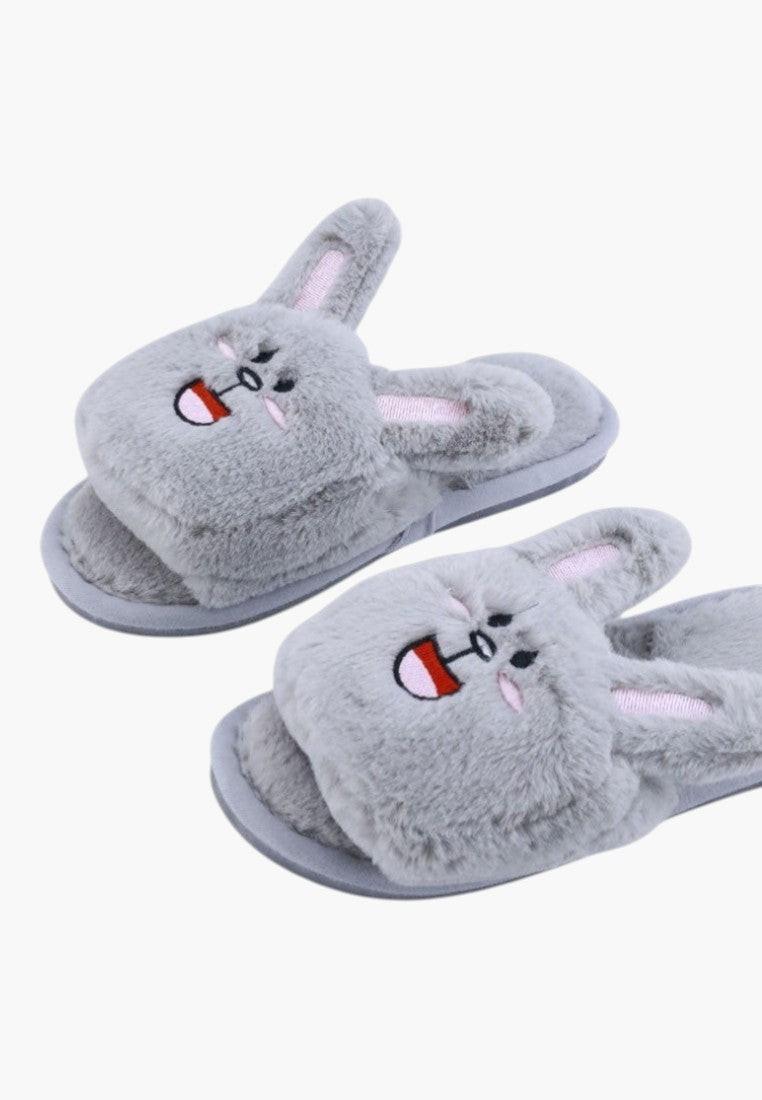 Front view of gray rabbit design slippers on a white background
