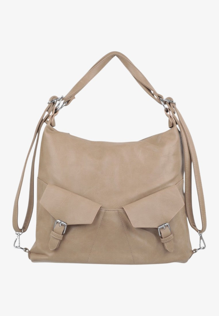 Front view of the beige handbag with shoulder strap and folded design on a white background.