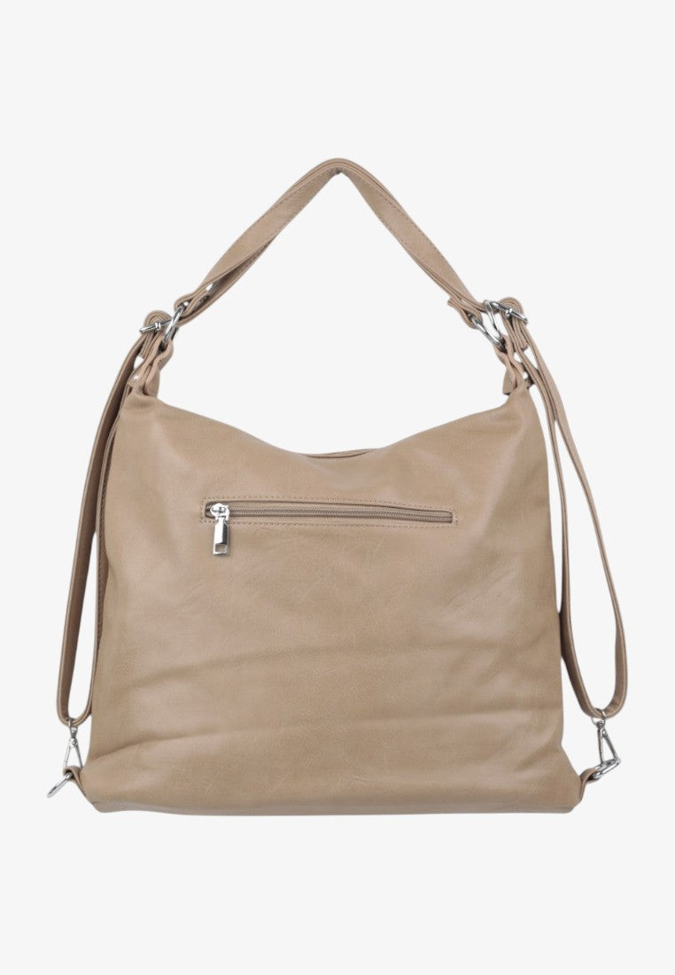 Back view of the beige handbag showcasing smooth texture and logo detail on a white background.