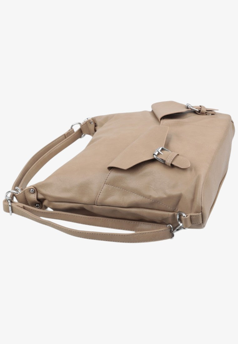 Side view of the beige handbag featuring zipper closure and flat design on a white background.