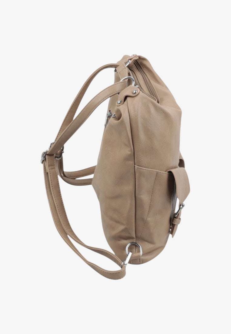 Back view of the beige handbag showcasing two front pockets and shoulder strap on a white background.
