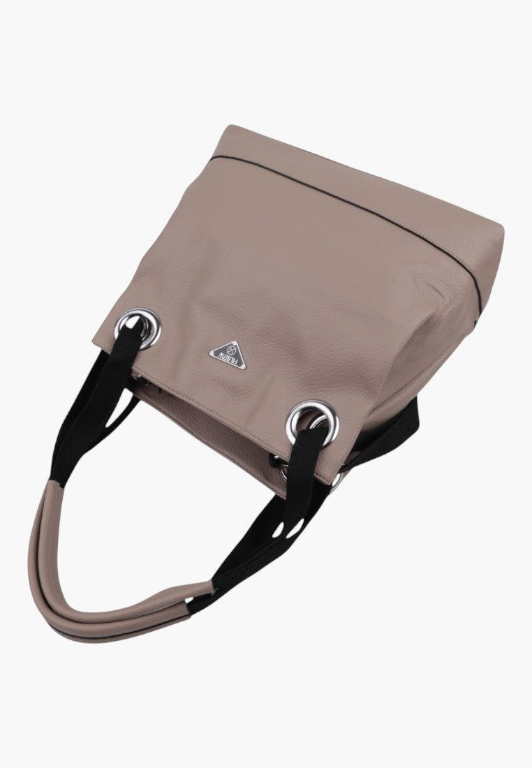 Back view of Falio khaki shopper bag showcasing silver hardware.