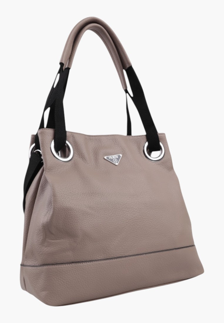 Falio khaki shopper bag detail with silver hardware.