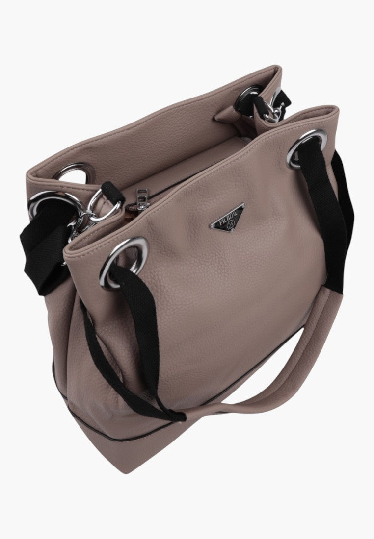 Front view of Falio khaki shopper bag with snap closure.