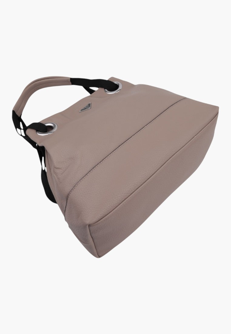 Side view of Falio khaki shopper bag with spacious design.