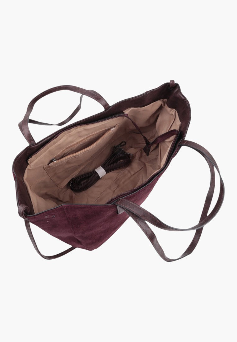 Top view of burgundy faux leather shopper bag with spacious interior.
