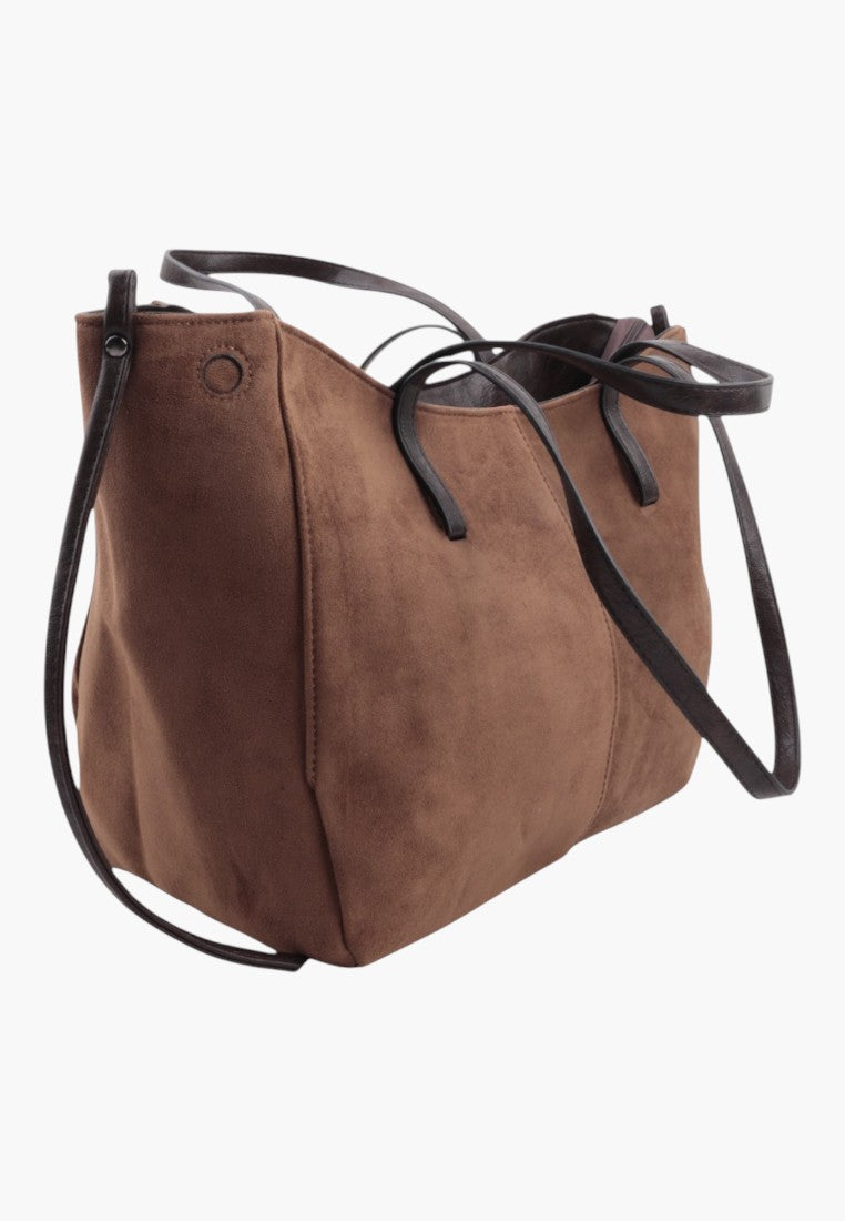 Back view of khaki faux suede shopper bag with long shoulder straps.