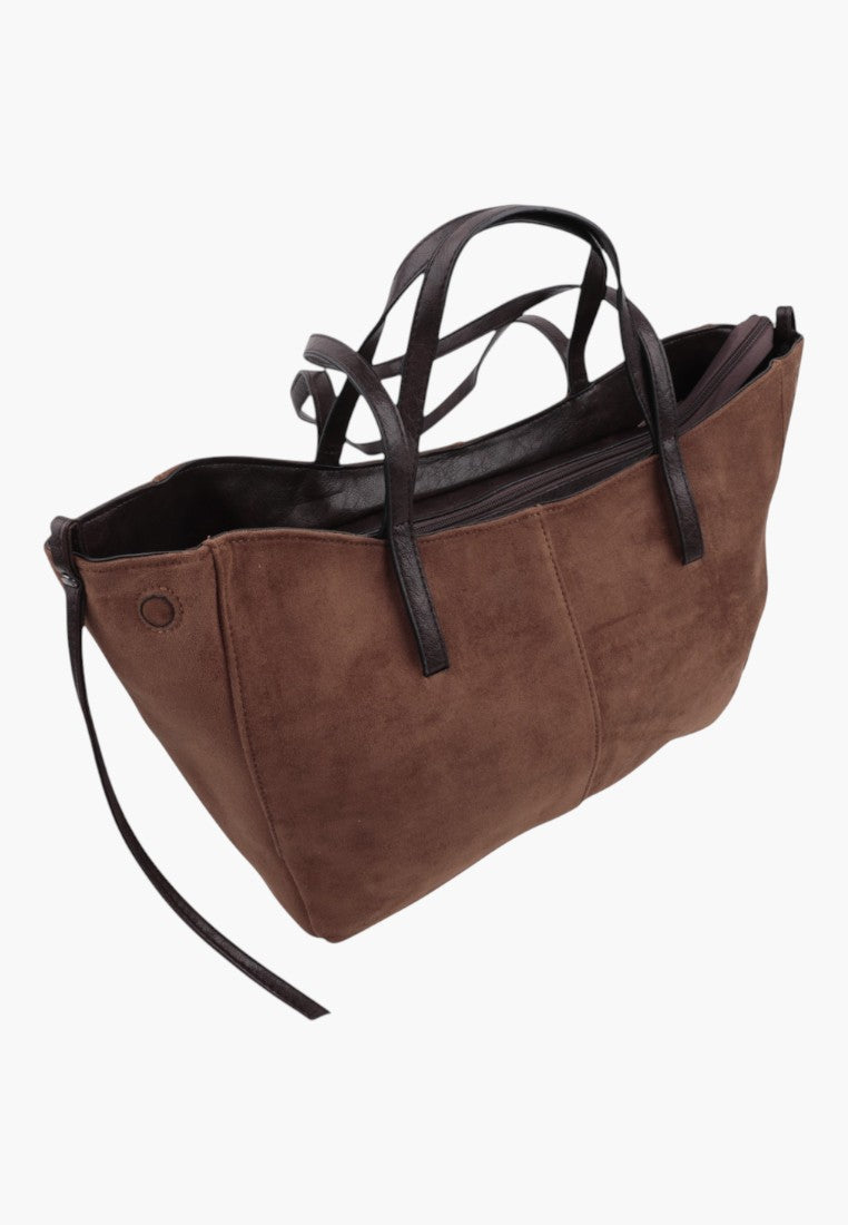 Detail close-up of khaki faux suede shopper bag with zipper closure.