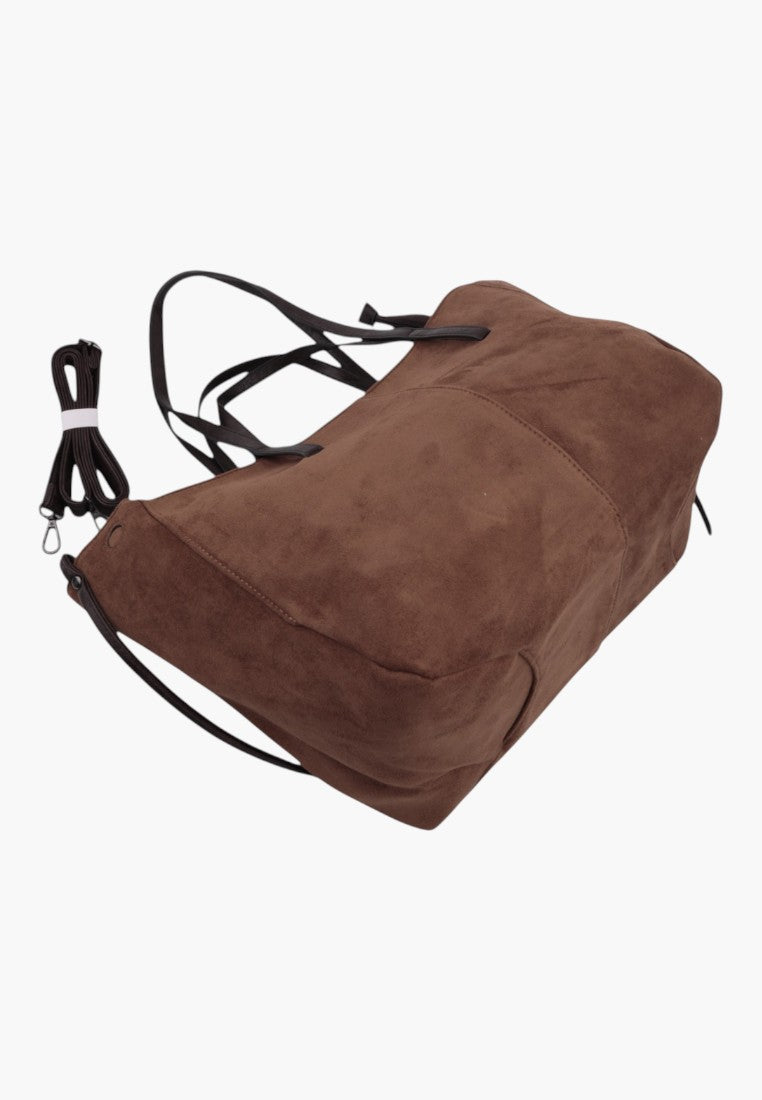 Side view of khaki shopper bag in faux suede with spacious A4 interior.