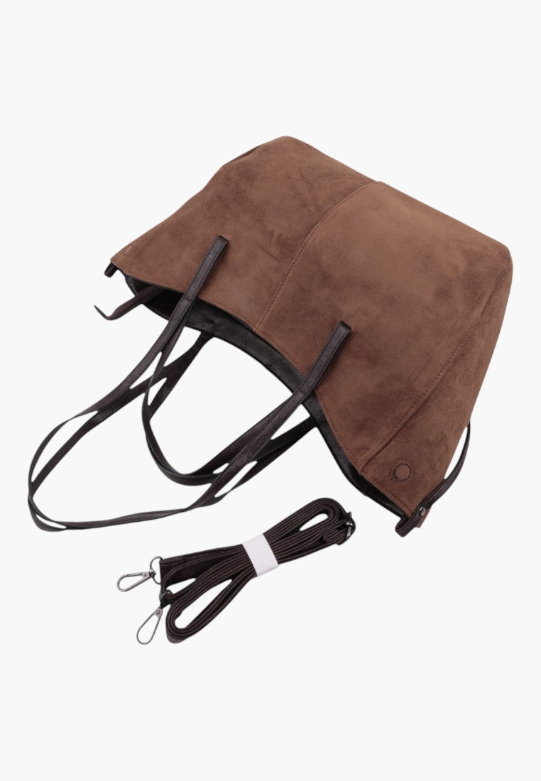 Top view of khaki faux suede shopper bag with shoulder straps and open top.