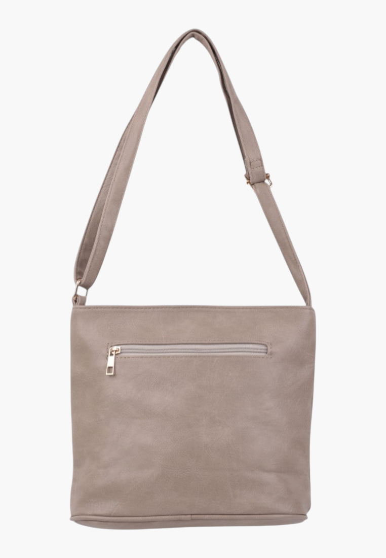 Back view of khaki faux leather crossbody bag with zippered pocket.