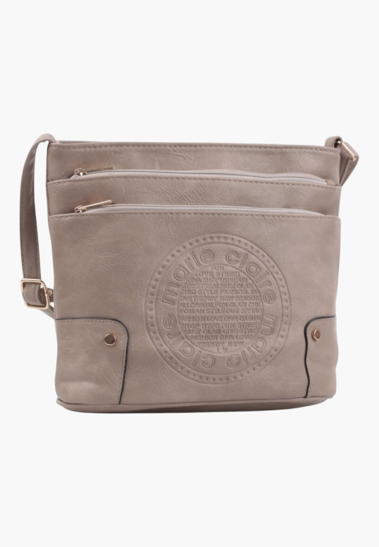 Front view of khaki faux leather crossbody bag with zipper compartments.